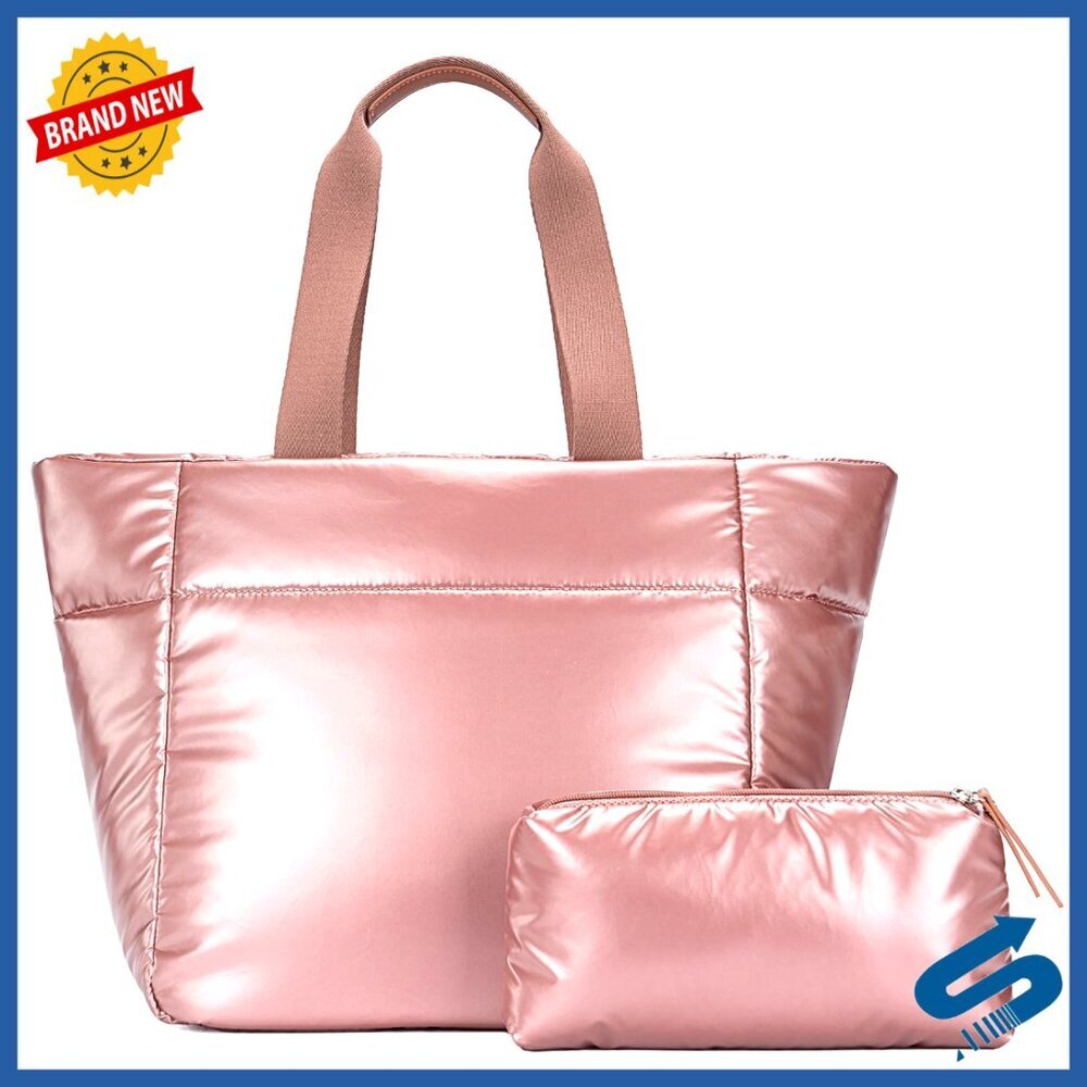 Lightweight Puffer Tote Bag with Zipper, Quilted Shoulder Handbag for Work
